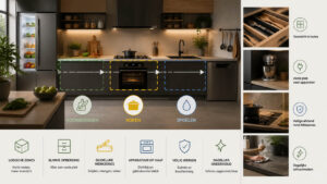 Moderne keuken indeling met vaste werkzones en veilige afstand rond kookgedeelte en apparatuur