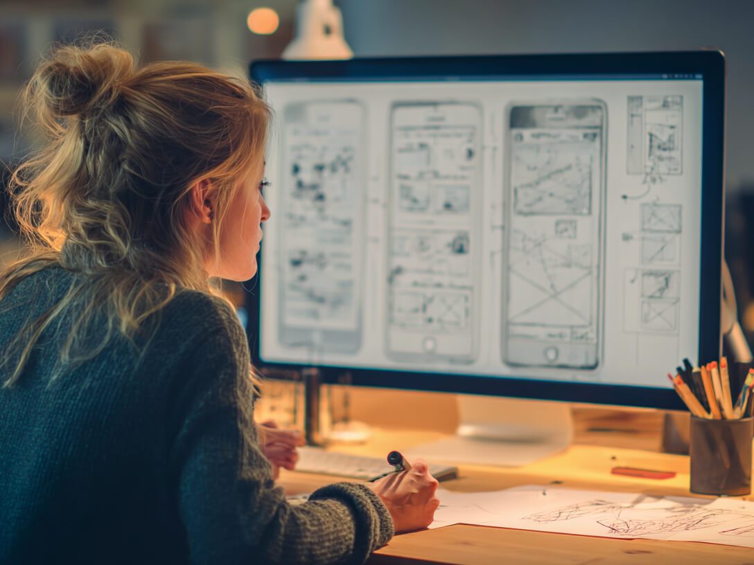Ontwerper werkt aan wireframes en gebruikerservaring voor een professionele website