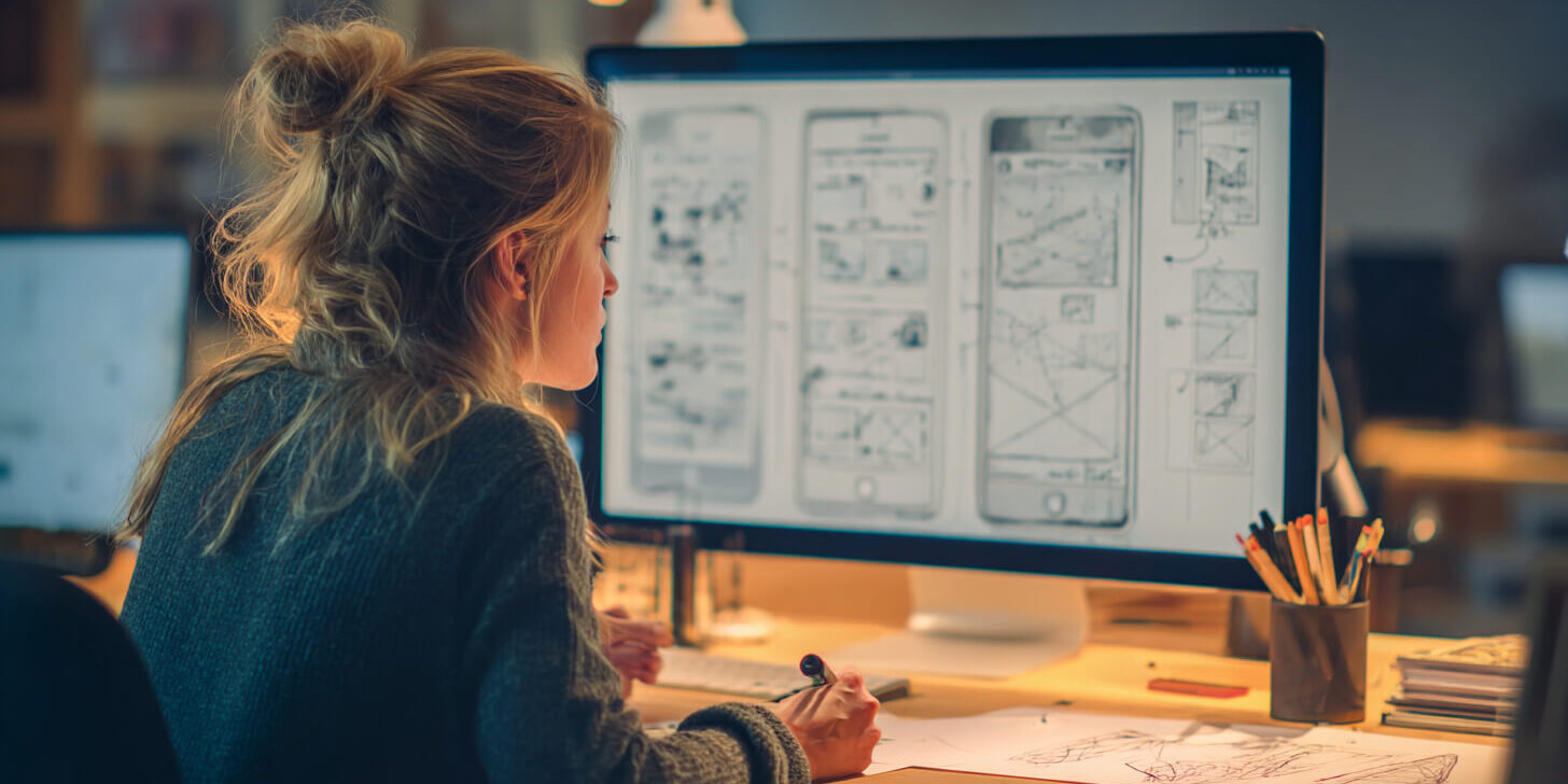 Ontwerper werkt aan wireframes en gebruikerservaring voor een professionele website