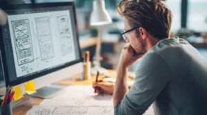 Webdesigner analyseert schermontwerpen voor een professionele website op maat